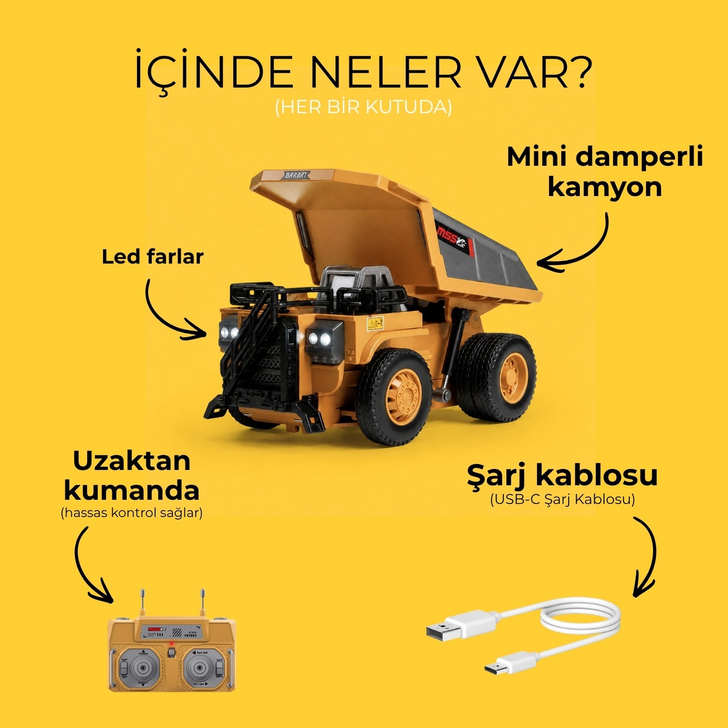 Mini Damperli Kamyon - Uzaktan Kumandalı Masaüstü LED Farlı İş Makinesi!