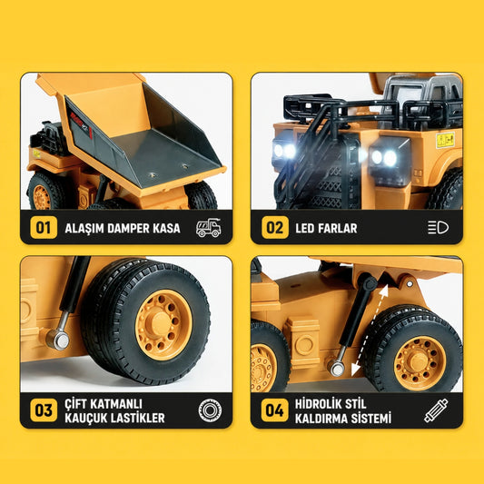Mini Damperli Kamyon - Uzaktan Kumandalı Masaüstü LED Farlı İş Makinesi!