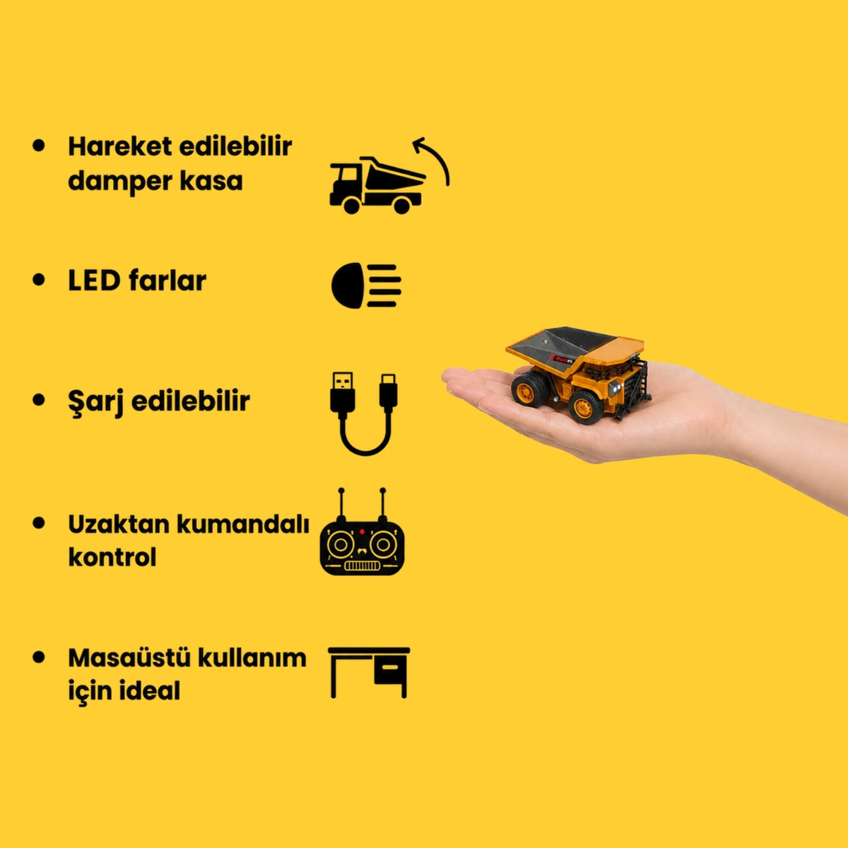 Mini Damperli Kamyon - Uzaktan Kumandalı Masaüstü LED Farlı İş Makinesi!