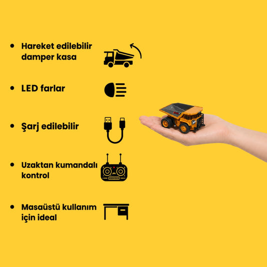 Mini Damperli Kamyon - Uzaktan Kumandalı Masaüstü LED Farlı İş Makinesi!